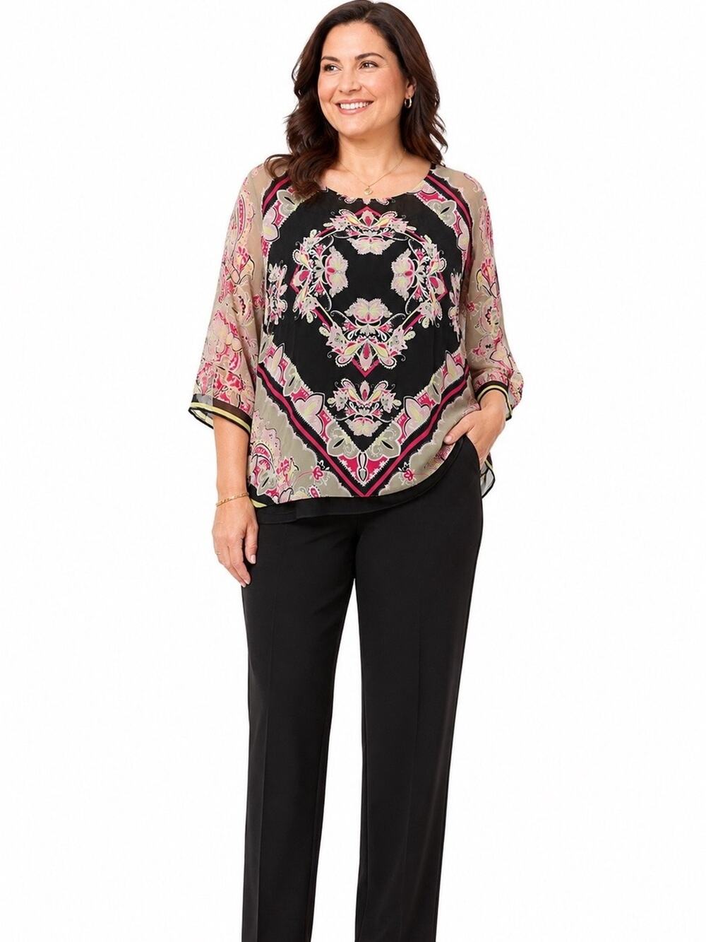 DANA BUCHMAN Oversized Top Black Pink Dolman Sleeve Lined Flowy Top Shirt sz M